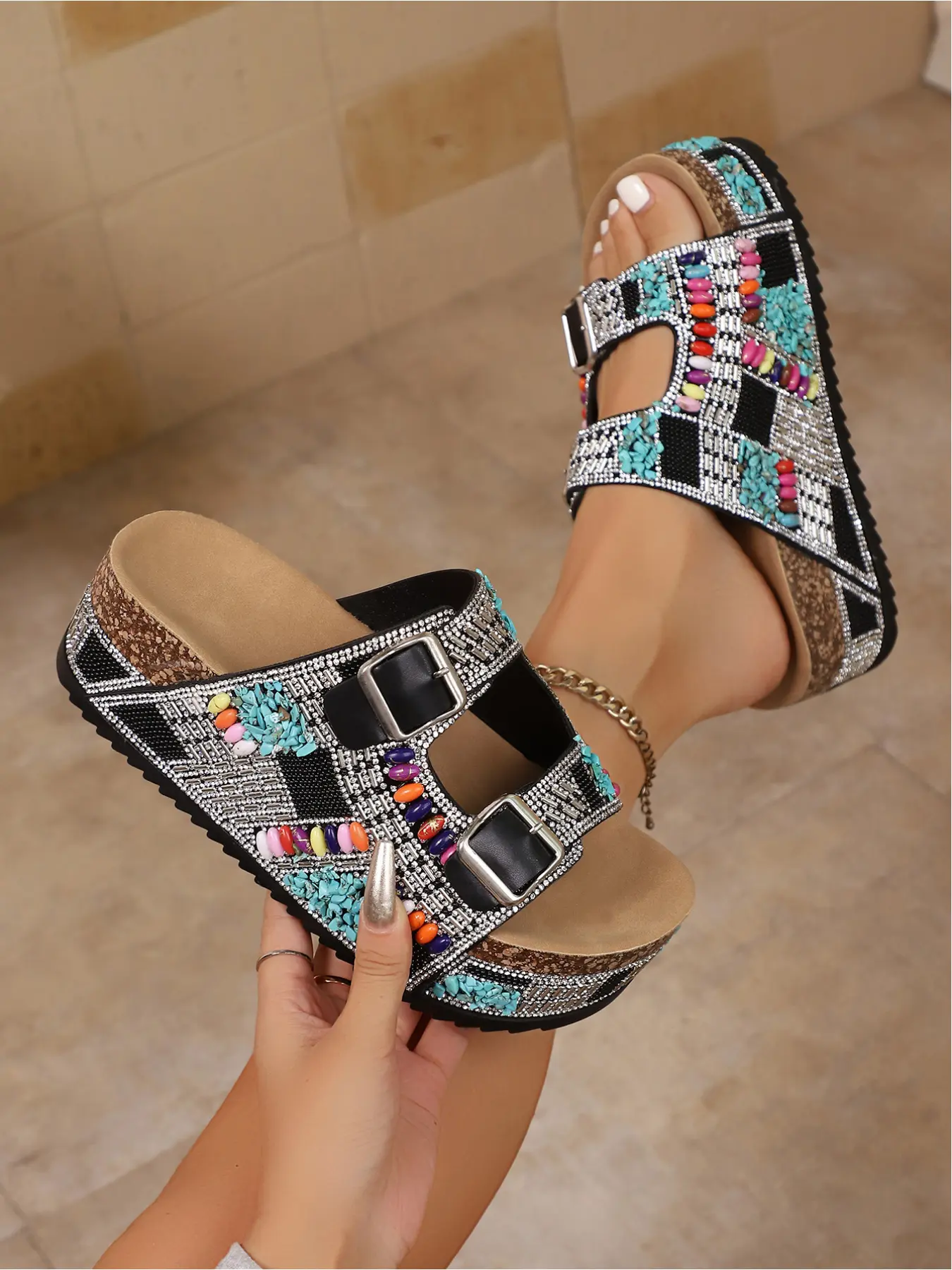Bohemian Trending Sandals, Boho Style Sandal, Fashionable Casual Wedge Shoes, Chunky Sole thick-soled wedge sandals for girls in spring and summer, high-water-platform sandals with crystal decoration on the upper, lightweight, comfortable, anti-slip