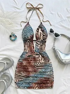 Women's retro tie-dye abstract leopard print and zebra print deep V-neck back lace-up waist ruched bodycon mini dress, Sleeveless, Summer, sexy and stylish, suitable for vacations and dates, Womenswear