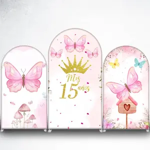 Pink Mis 15 Anos Crown Arch Backdrop Cover for Quinceanera Celebration