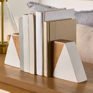 Wood and Marble Bookends, 1.77" x 4.56", Natural Wood Finish, Classic Design, Versatile for Book Organization