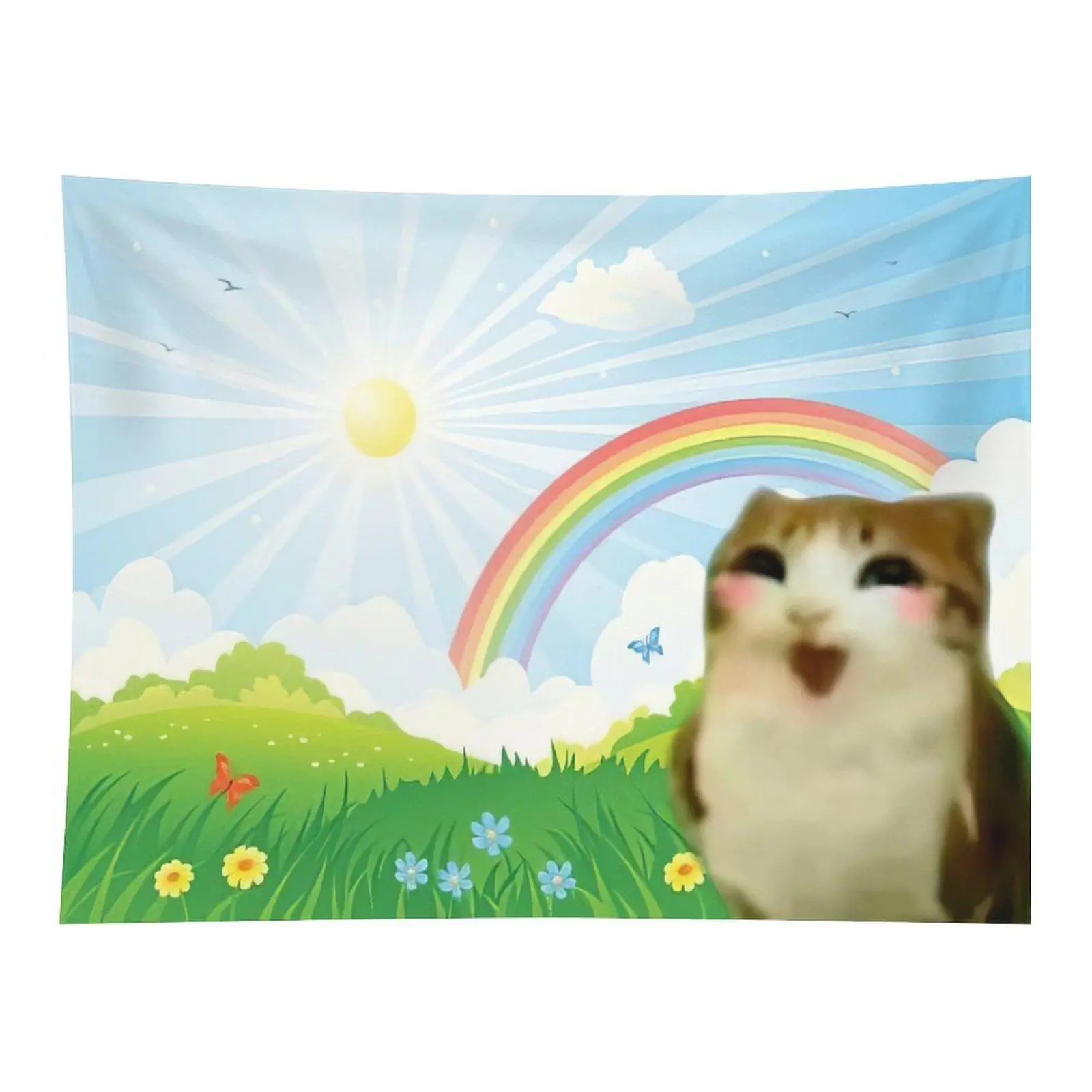Rectangular Meme Cat Rainbow Sunshine Grassland Wall Tapestry, Cute Funny Cartoon Aesthetic Cloth Fabric, Bedroom Decor for Dorm