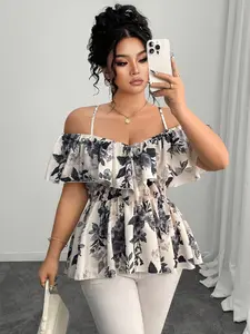 Elegant Chic One-Shoulder Ruffle Halter Top, A-Line Hem Blouse for Spring & Summer, Plus Size Fashion Shirt for Women