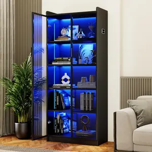 Miu Display Cabinet with Adjustable Shelves, 65" Tall Bookcase with LED Lights/Human Sensor, 5 Tier Display Case for Collectibles Bedroom Living Room Office, Black - Transparent Acrylic Doors Freestanding Kitchen Cupboard Modern Storage Dresser