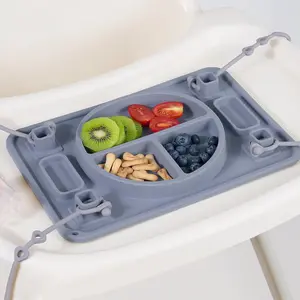 Strong Suction Baby Placemat, Silicone Toddler Plate with 4 Toy Straps & Anti-Peel Design, Dishwasher Safe Travel-Friendly Sensory Mat for High Chair, Airplane, Baby Led Weaning (Gray)