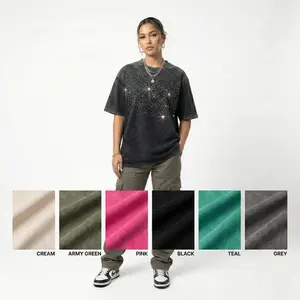 Women Crystal Rhinestones Stonewashed Oversized T-shirt by High Level HL 100% Cotton 225gsm in Black, Grey, Hot Pink, Turquoise Blue, Cream and Army Green  Streetwear Crewneck Shortsleeve Womenswear Top Shiny Sparkly Glitter Style