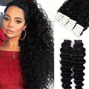 Hot Sell NEW Arrived Brazilian Curly Deep Wave Tape-In Human Hair Extensions Real Human Hair with Adhesive - Natural Black Voluminous Curls for Women, Long Weft Extensions for Added Volume & Fuller Look, Stylish Hairdo Enhancement, Length Addition, B