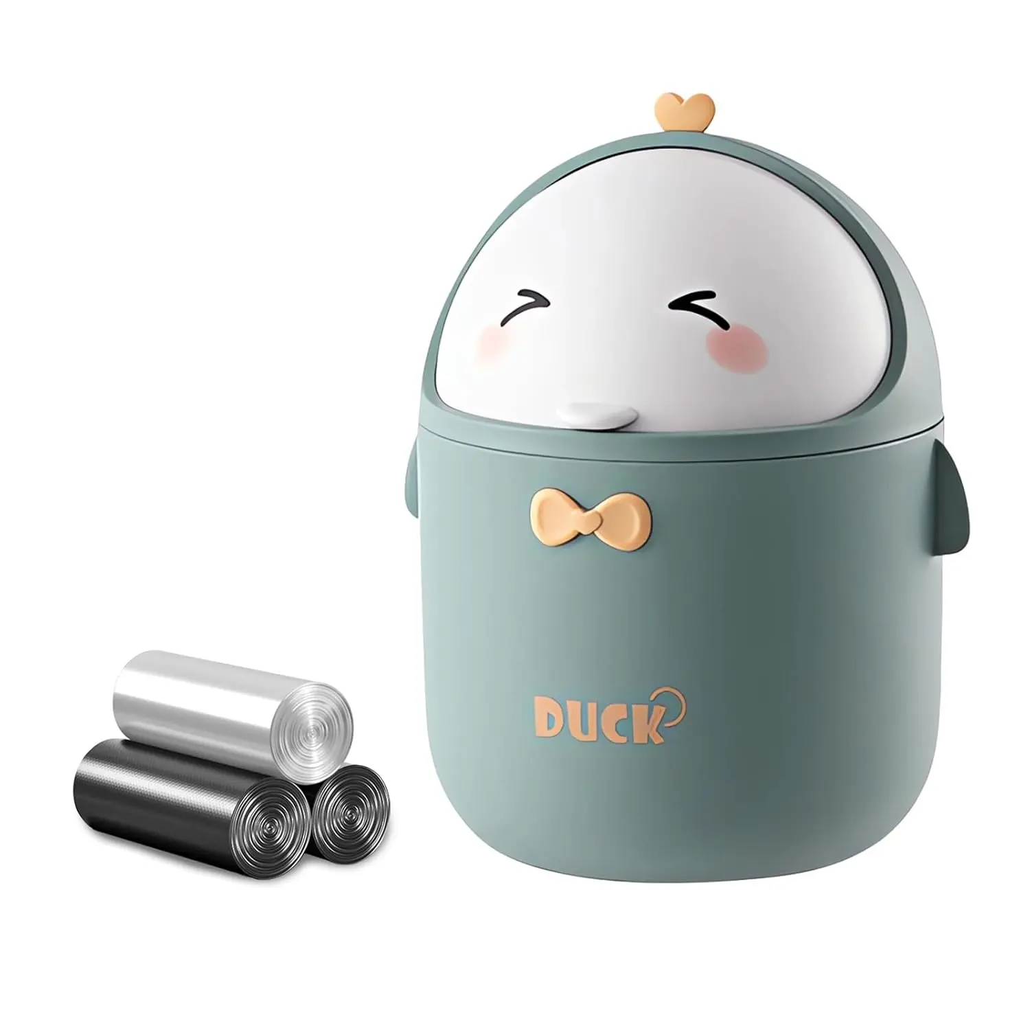 Cute Duck Shape Green Mini Desktop Garbage Can - Light, Sturdy, Smooth Easy-Clean Plastic Bucket, Detachable Cover, 90 Trash Bags, for Bedroom Vanity, Useful Mini Gifts for Kids, Home Supplies Kitchen Trash Cans
