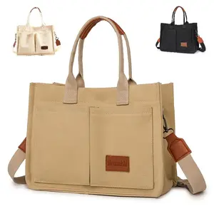 【Local Delivery】Maxoner Fashion Canvas Crossbody Bag Large Capacity Portable Tote Bag with 3 Outer Pockets & Leather Handles for Women Daily Use Work Travel