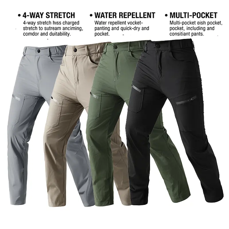 Polyamide fiber (nylon) 100% men’s outdoor cargo pants — stretch, quick-dry, waterproof, wear-resistant, multi-pocket hiking/trekking long pants; 4-way stretch water-repellent outdoor work pants; multi-pocket wear-resistant tactical cargo pants for men; h