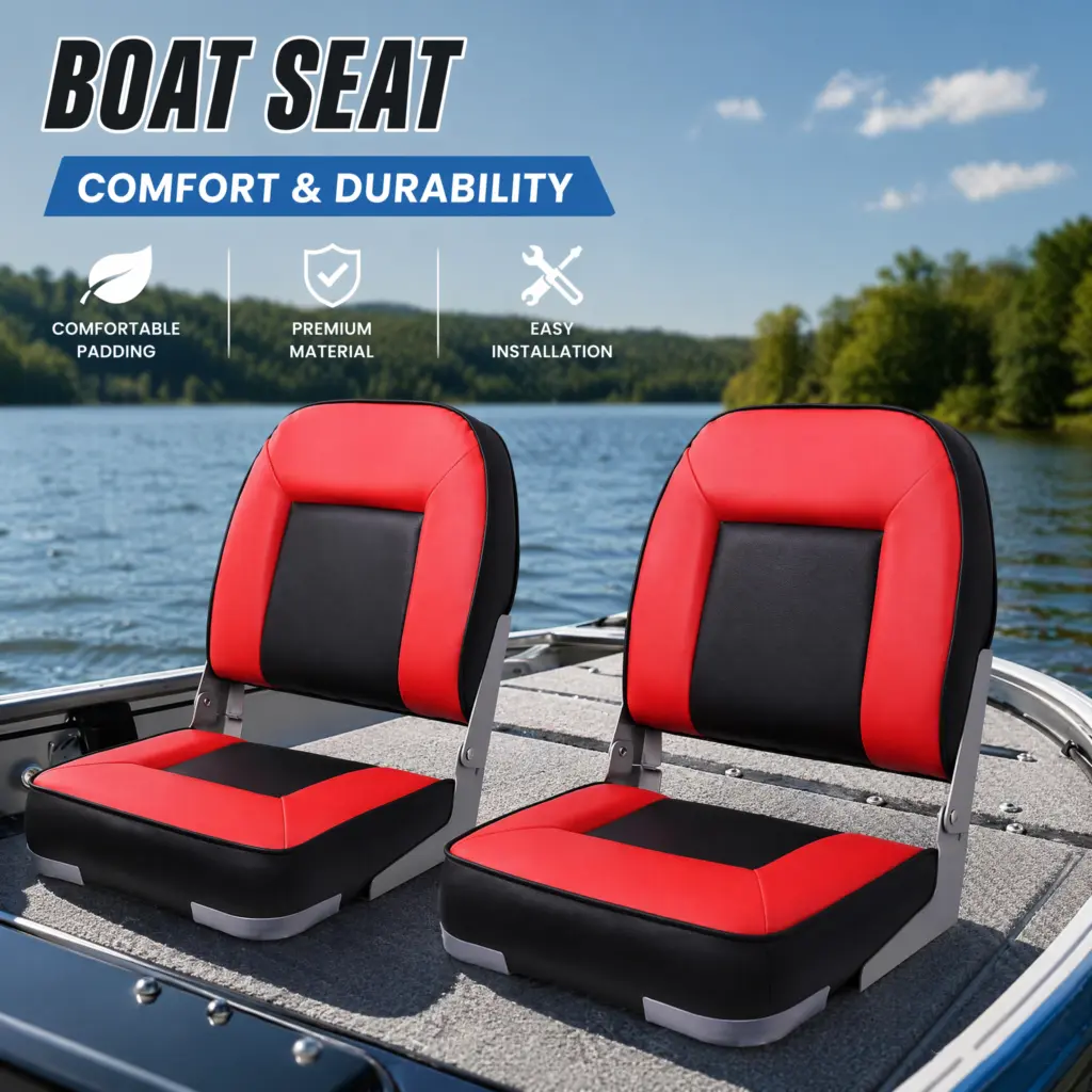Folding Boat Seat 2pcs Low Back, Fold-Down Fishing Chair with Thick Cushion & Aluminum Hinges, Waterproof PVC leather, High-Density Foam, 4 Mounting Screws, Fits Bass Jon Pontoon Boats, Various Colors
