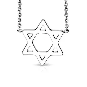 Stainless Steel Polished Silver Jewish Star of David Pendant Necklace