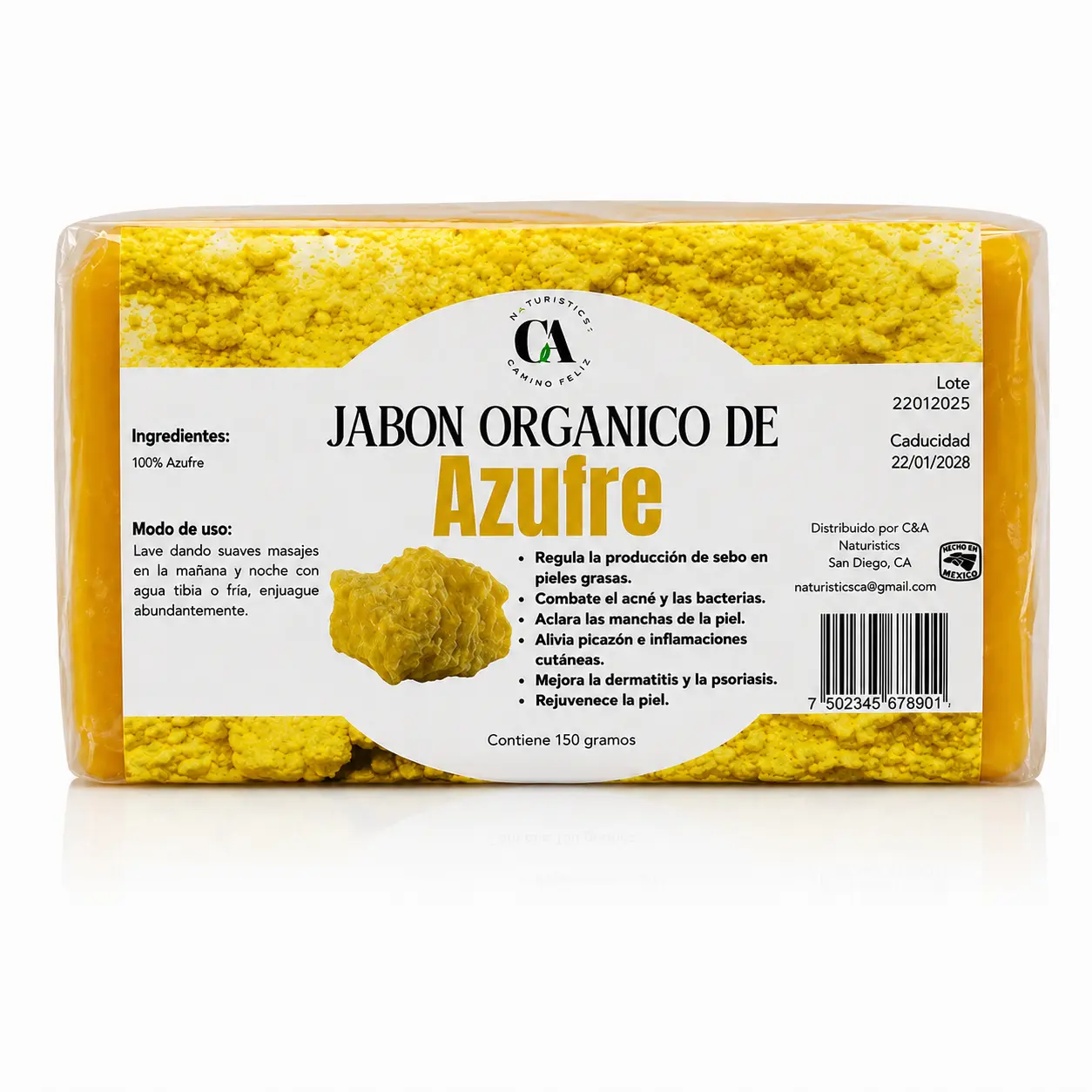 Artisanal Organic Sulfur Soap, 150g Natural Body Cleanser Facial & Body Care- Jabon Organico de Azufre Artesanal