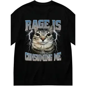 Men's "Rage is Consuming Me" Funny Cat Meme Graphic T-Shirt - Black Humorous Staring Cat with Lightning Design, Regular Fit Short Sleeve Casual Summer Tee, Machine Washable, Cat Shirt, Humorous Outfit, Round Neckline, Digital Print Quality