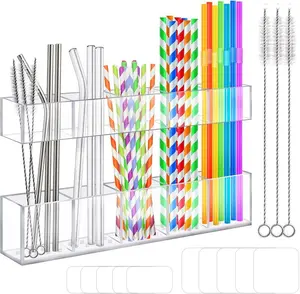 2026 Reusable Straws Organizer Storage Dispenser for Kitchen Counter Cupboard Door, 9.5” Large Acrylic Straw Holder for Cabinet with Double Sided Adhesive Squares and Stickers, (Transparent)