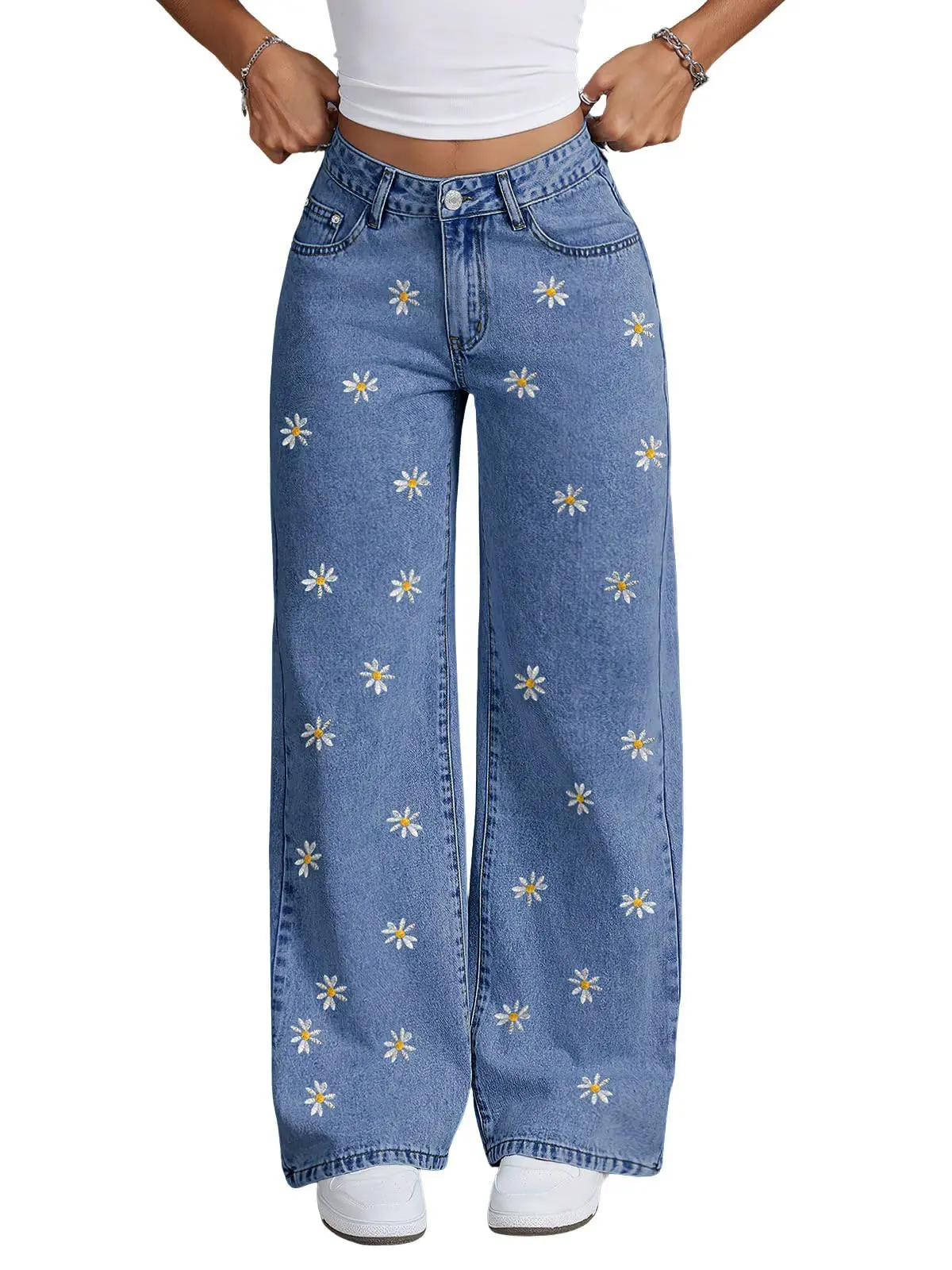 Ebossy Women's High Waist Wide‑Leg Denim Palazzo Pants, Daisy Floral Embroidery, Long Trousers With Pockets