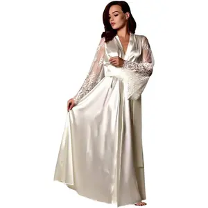 Womens Long Silk Robes Floral Lace Long Satin Robes for Women Full Length Lingeries Sleepwear Sexy Robe Nightgowns