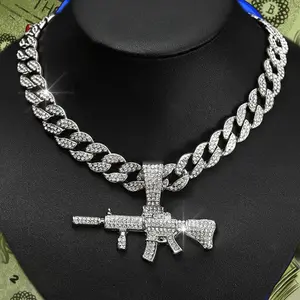1pcs European and American Alloy Diamond-Studded Gun Pendant Sexy Nightclub Accessory Necklace Personality Full Diamond Cuban Chain Tag Hip-Hop