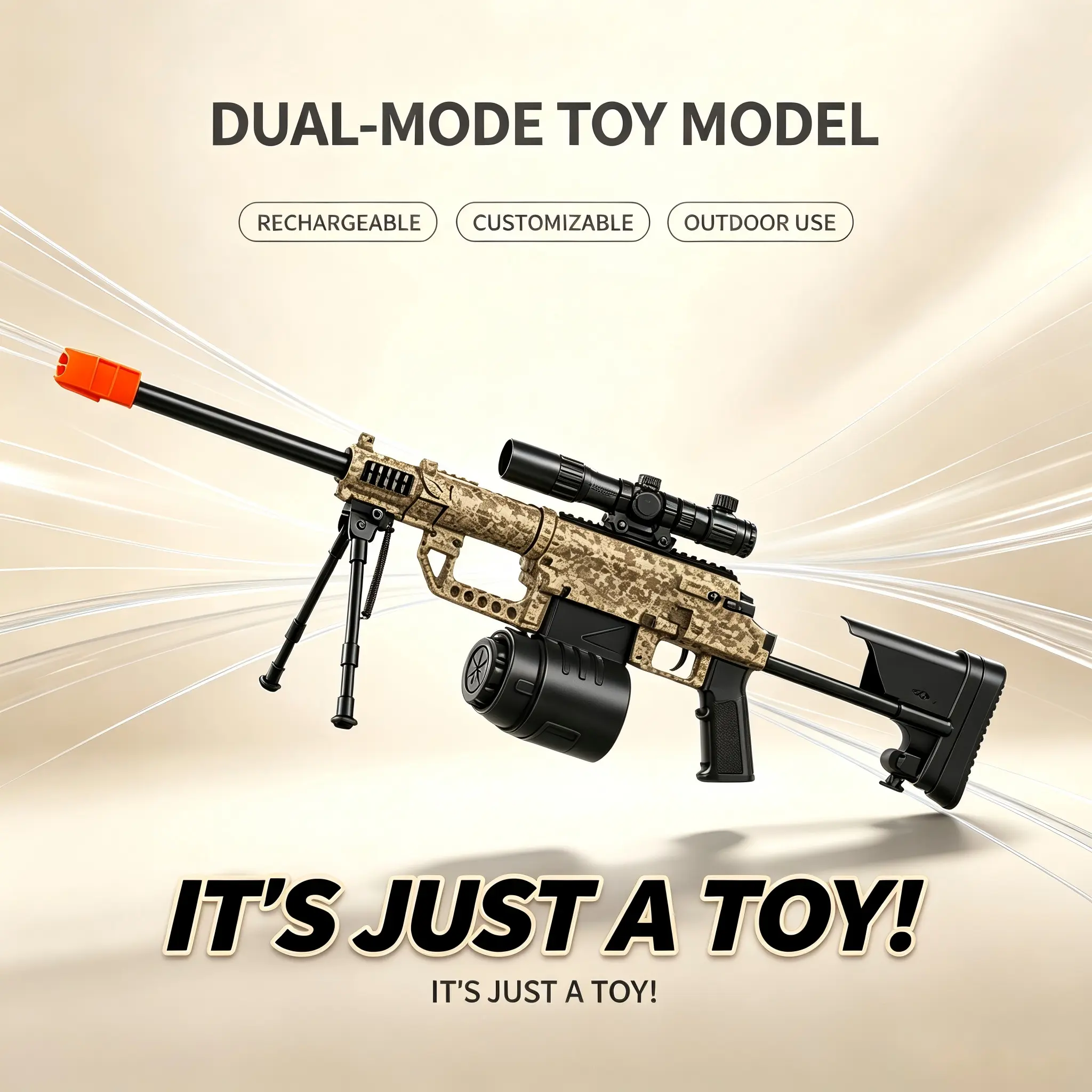 Electric Automatic & Manual Bolt Action Tactical Shooting Toy, Camo Sniper Style Outdoor Game Toy with Tripod, Scope and Large Capacity Drum Mag, Rechargeable Toy Suitable for Ages 14+, IT'S JUST A TOY!