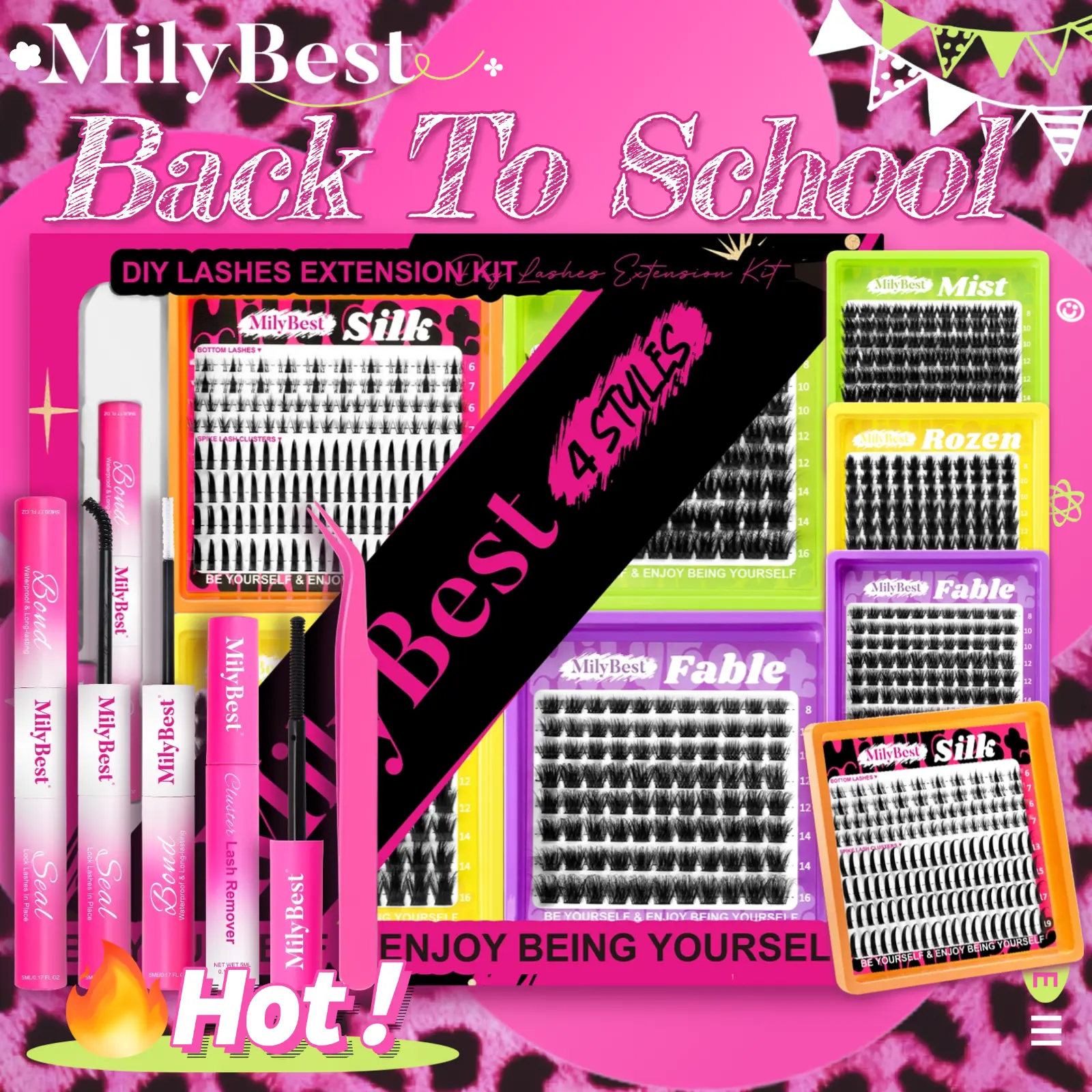 MilyBest 4-Style Mini Boxes DIY Lash Extension Kit - Eyelash Clusters, Mixed Length Individual Sets, Self-Grafting False Lashes with Tweezers, Glue & Remover, Women's Professional Makeup Products Set,back to school
