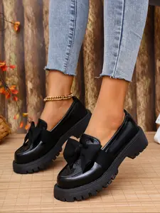 Women's Fall New Round Toe Thick Sole Low Top British Style Bowknot Slip-On Casual Shoes, Comfortable Ladies Footwear for Daily Wear Elegant Plain Pu Leather Loafers Bowknot Design Shoes Slip On Flats