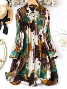 Elegant Satin Blouse Shirt Dress for Women, Long Sleeve Fitted Design, Watercolor Colorblock Print, Single Row Buttons, All Seasons Wear