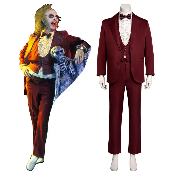 Women's Beetlejuice Betelgeuse Halloween Red Cosplay Costume - Long-Sleeve Collared Polyester Knit Shirt, All Seasons, Size 3XL