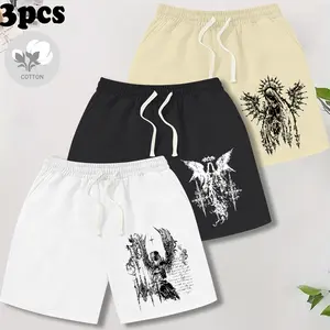 Men’s three-piece set: retro sports casual shorts featuring trendy street style, drawstring elastic waistband design, comfortable breathable lightweight fabric for surfing and basketball; suitable for all seasons; a premium gift for a boyfriend or son.