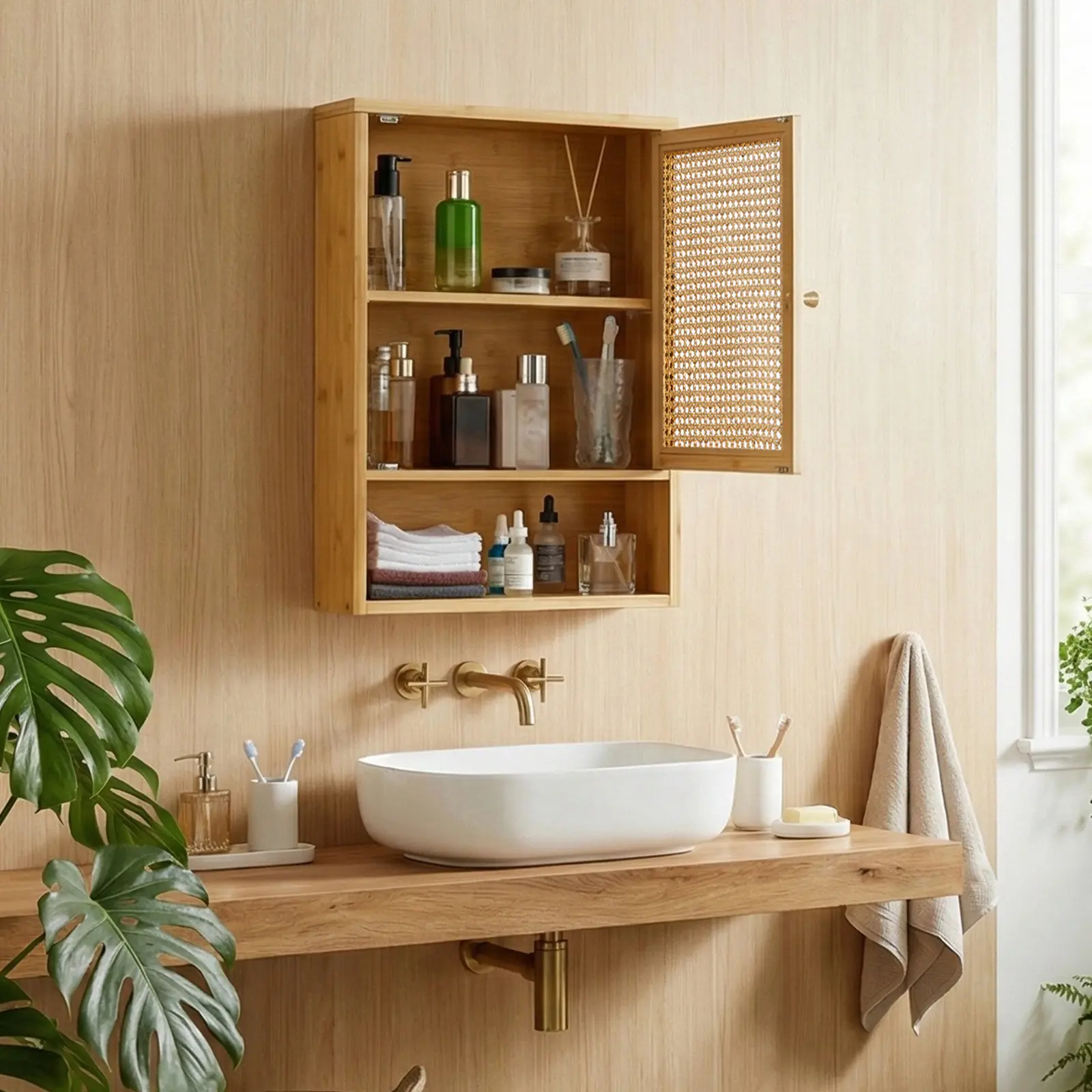 Bathroom Wall Cabinet, Medicine Cabinets, Storage Bamboo over Toilet Hanging Cabinet with Rattan Doors and Adjustable Shelf, Wall Cabinet Storage for Bathroom, Kitchen, Laundry, Living Room, Natural/White