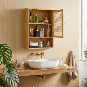 Bathroom Wall Cabinet, Bamboo Medicine Cabinet with Rattan Doors, Adjustable Shelf, Wall Mounted Storage Cabinet for Bathroom, Kitchen, Laundry Room