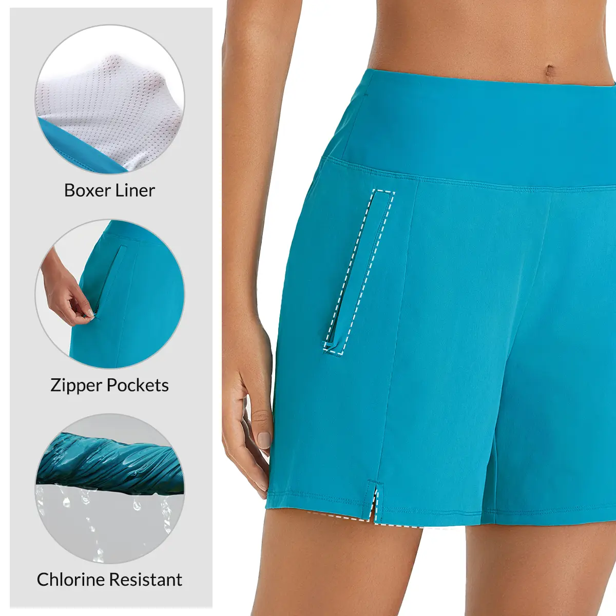 Baleaf Women's 5" High-Waisted Quick-Dry Swim Shorts, Swimsuit Shorts with Boxer Liner, Zipper Pockets for Beach, Swimwear