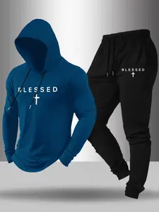 Men's Blessed Cross Print Hoodie Long Sleeve T-Shirt and Pants Set, Drawstring Sportswear, Casual Streetwear 2-Piece, Casual Tracksuits