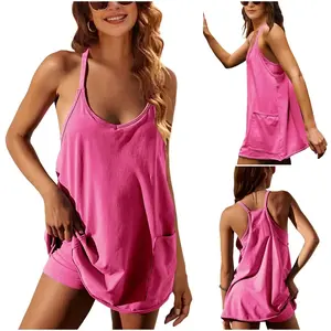 Women's Summer Summervibes Sleeveless Mini Dress with Built-in Shorts V Neck Spaghetti Straps Athletic Shorts Tennis Dress with Pockets