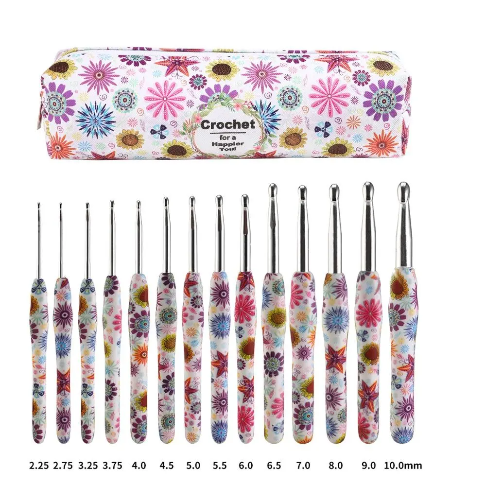 Crochet Hooks Set with Storage Bag, 14pcs/set Flower Pattern Yarn Crochet with Soft Comfortable Grip, Knitting Hook for DIY Handmade Craft, Mother's Day Gifts, Crochet Kit, Crocheting Supplies, Diy Knitting Supplies, Crochet Tools