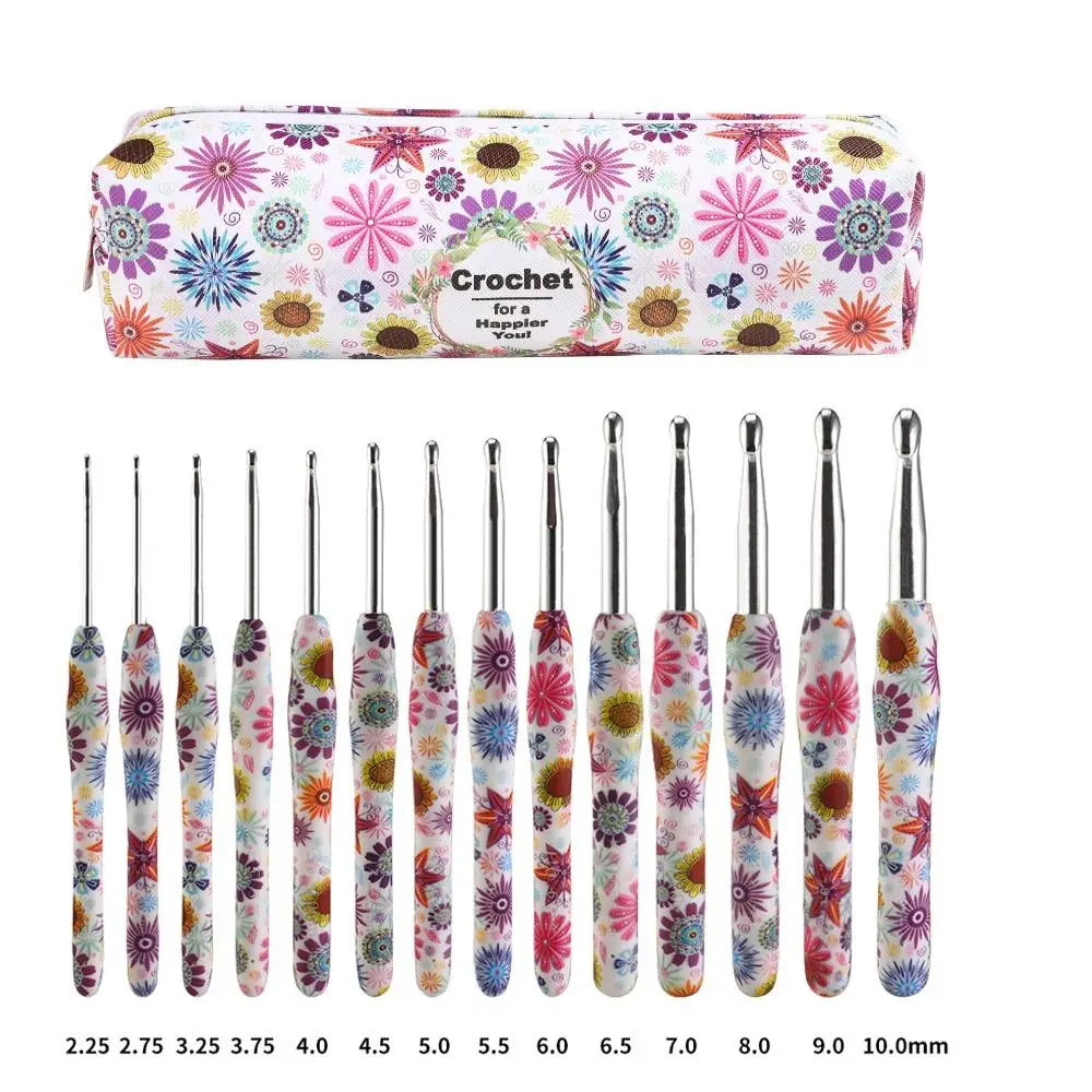 Crochet Hook Set with Storage Bag, 14pcs/set Flower Pattern Yarn Crochet with Soft Comfortable Grip, Knitting Hook for DIY Handmade Craft, Mother's Da