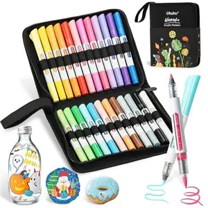 Ohuhu Acrylic Paint Markers: Brush & Bullet Dual Tips - 24 Colors - Automatic Ink Control Acrylic Markers High Opacity Paint Pens Waterproof for Rock Painting 3D Prints Egg Wood DIY Craft - Waimoku Series of Ohuhu