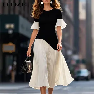 UOOZEE Women's Casual Dress for Ladies - French Chic Black & White Contrast, Comfortable Round Neck, Loose Flared Sleeves, Waist-Cinching Pleated Mid-Length Clothes, Elegant Niche Flattering Fit