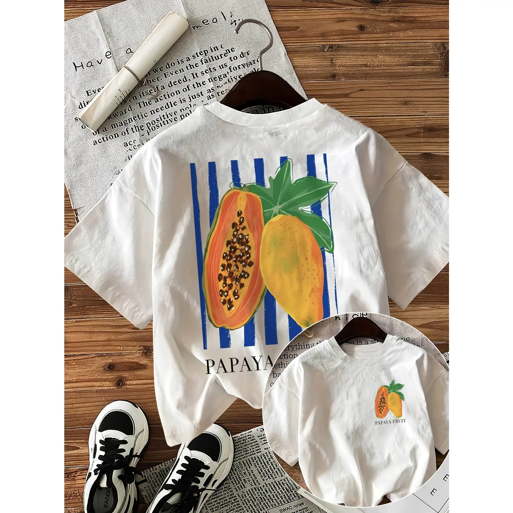 Women's Soft Cotton Papaya Graphic Oversized Short-Sleeve Round-Neck T-Shirt, Comfy Casual Summer Streetwear Top for Vacation Beach Outfits, Shortsleeve