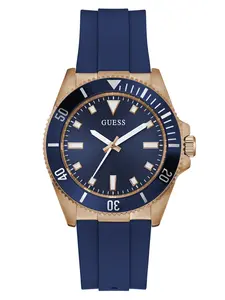 GUESS Male Rose Gold-Tone and Blue Silicone Analog Watch