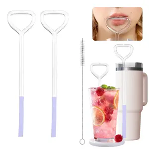 Anti Aging Glass Straws, 2 Pack Heart Shape Design Lip Wrinkle Straws with Cleaning Brush, Eco-Friendly Reusable Drinking Straws for Smoothies & Iced Coffee, Home Bar Accessories