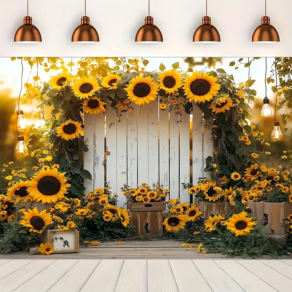 1PC Polyester 2D Flat Sunflower Photography Backdrop - Rustic Wooden Fence with Sunflower Clusters Banner, Reusable Home & Birthday Party Decoration, Children's Photo Prop, Photo Booth, Flat Print