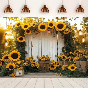 1PC Polyester 2D Flat Sunflower Photography Backdrop - Rustic Wooden Fence with Sunflower Clusters Banner, Reusable Home & Birthday Party Decoration, Children's Photo Backdrop