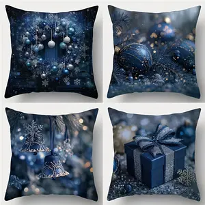 4pcs, Christmas Pillow Covers, Elegant Navy Blue & Golden Holiday Designs with Wreaths, Ornaments, Bells Design, Home Decor Products, Cushion Cover Decoration for Couch Sofa, Room Decor & Bedroom Decor, Single Sided, No Core, Home Decorative Cushion Cover