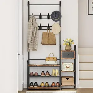 【GARVEE】Hall Tree with Shoe Bench, Rustic Brown, 34.8"L x 11.8"W x 68.8"H
