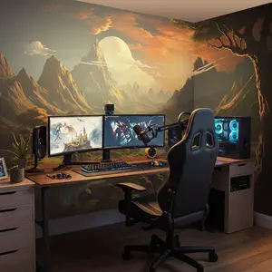 Fantasy Sunset Wall Mural - River Valley with Mountains, Trees & Moon for Game Room, YouTube, Airbnb, Streamer or Kids Room Decor