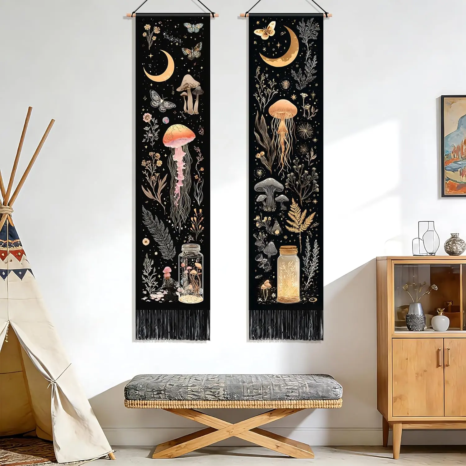 NYZE Minimalist Vertical Tassel Tapestry, 13x51.1in Jellyfish Mushroom Wall Art, Hanging Home Decor for Bedroom, Living Room - Ideal Gift for Dorm Room Wall Decoration