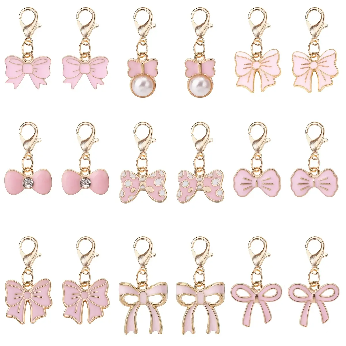 18pcs Bow Alloy Charms, Valentine's Day Faux Pearl Diamond Keychain Set, Bag Hanging Accessories, Fashion Jewelry, Keychain Kawaii, Trinkets