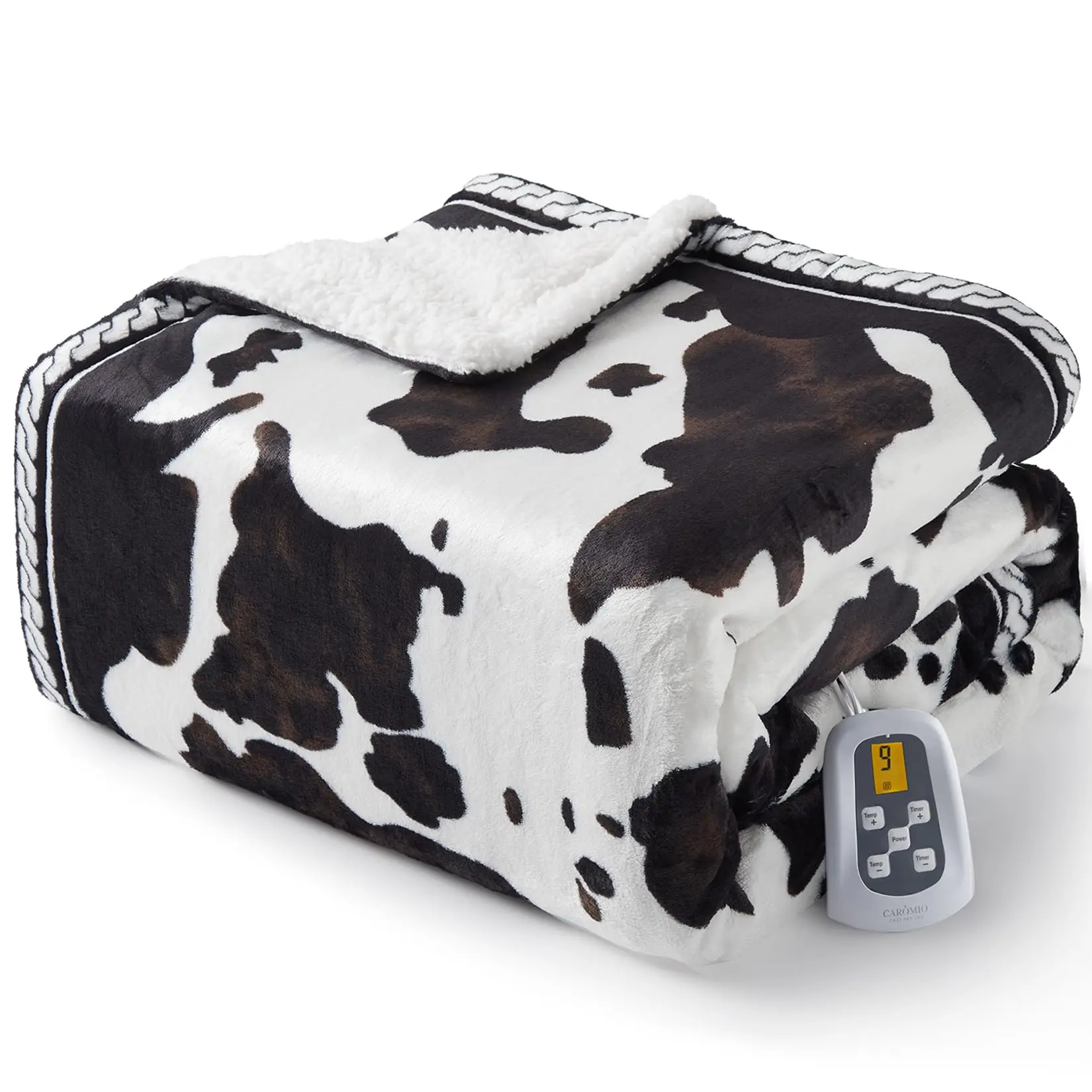 62" x 84" Heated Electric Blanket Twin Size,Cow Print Fast Heating Throw Blankets with LCD Controller,10 Heat Levels & 1-12H Time Settings Auto Off,Brown Black