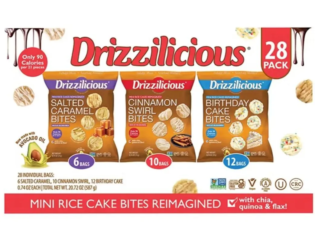 NEW - Drizzilicious Mini Rice Cake Bites Variety Pack - Salted Caramel, Cinnamon Swirl, & Birthday Cake (28 Pack, 0.74 oz. Each)
