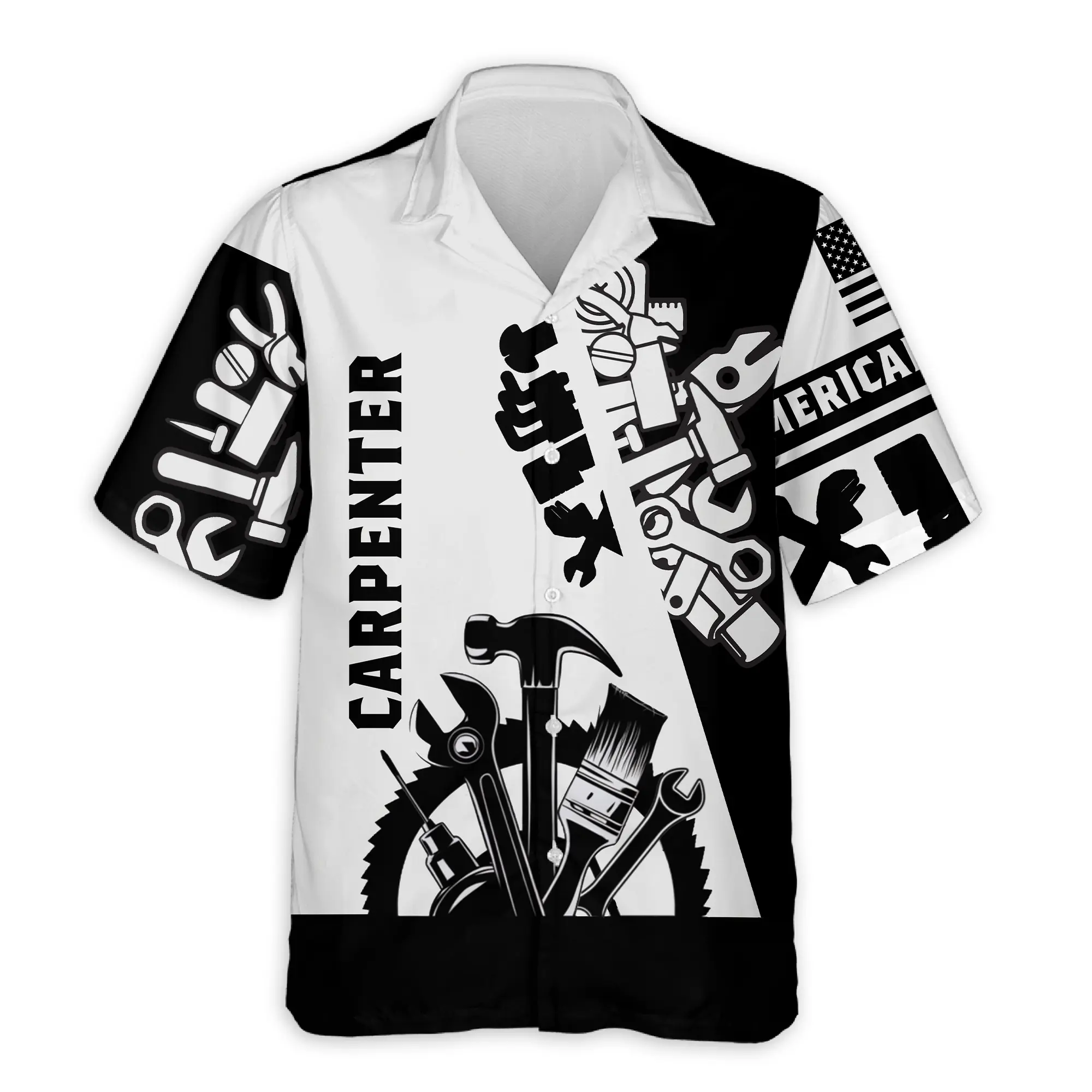 Carpenter Black White 3D All Over Printed Hawaiian Shirt Button Down Summer Vacation Beach Party Shirt