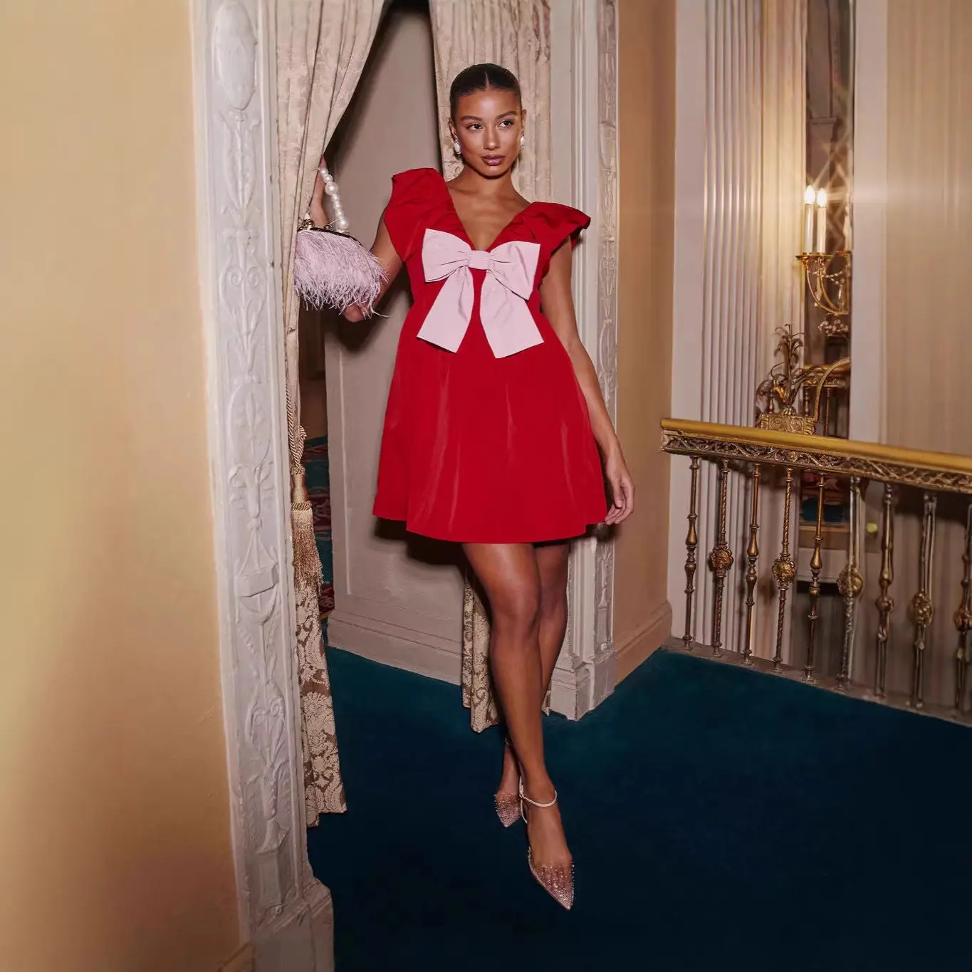New V-neck Bowknot Dress for Women, Party Dress, Mini Dress for Valentine's Day